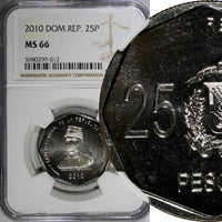 DOMINICAN REPUBLIC 2010 25 Pesos NGC MS66 Gregorio Luperón GEM BU  KM# 107(12)