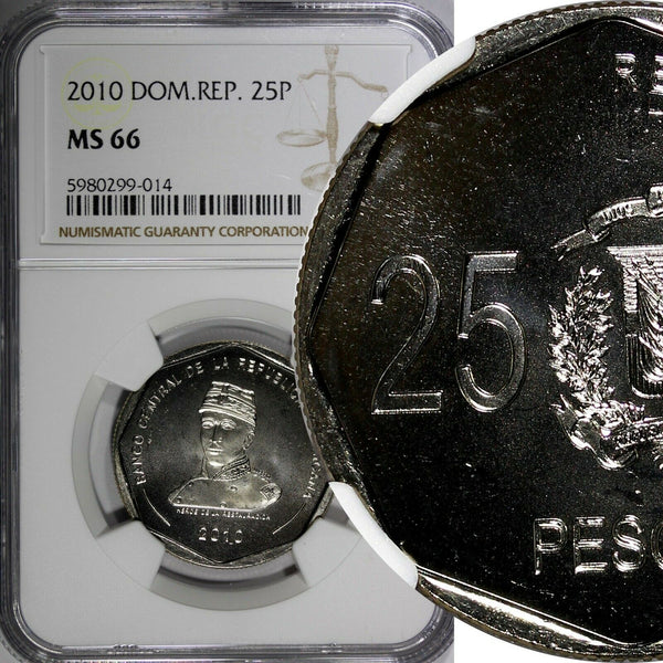 DOMINICAN REPUBLIC 2010 25 Pesos NGC MS66 Gregorio Luperón GEM BU  KM# 107(014)