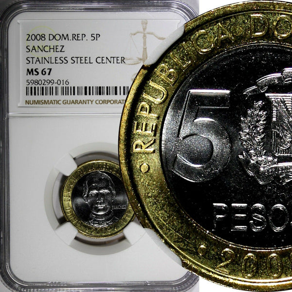 Dominican Republic Sánchez 2008 5 Pesos Magnetic NGC MS67 GEM BU  KM# 89 (016)