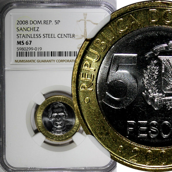 Dominican Republic Sánchez 2008 5 Pesos Magnetic NGC MS67 GEM BU  KM# 89 (019)
