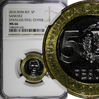 Dominican Republic Sánchez 2010 5 Pesos Magnetic NGC MS66 Poland Mint KM# 89(0)