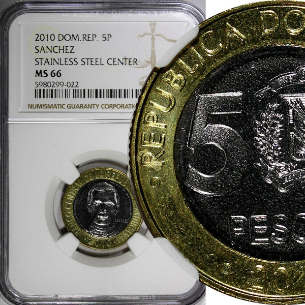 Dominican Republic Sánchez 2010 5 Pesos Magnetic NGC MS66 Poland Mint KM# 89(2)