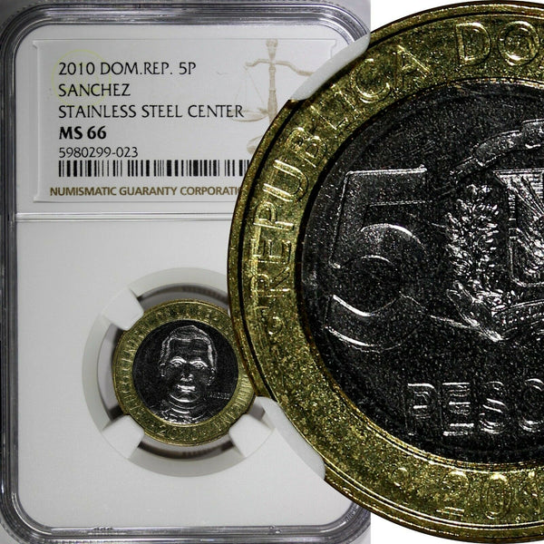 Dominican Republic Sánchez 2010 5 Pesos Magnetic NGC MS66 Poland Mint KM# 89(3)
