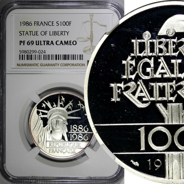France Silver 1986 100 Francs STATUE OF LIBERTY NGC PF69 ULTRA CAMEO KM# 960(4)
