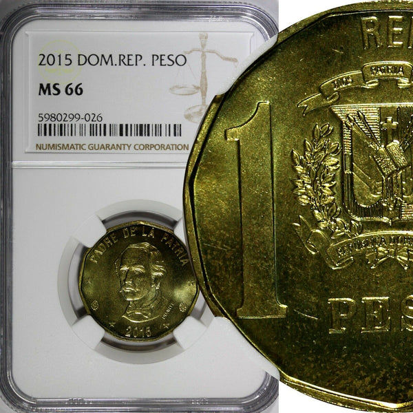 Dominican Republic Juan Pablo Duarte 2015 1 Peso NGC MS66 Magnetic KM# 80 (026)