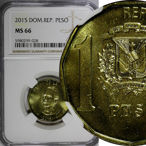 Dominican Republic Juan Pablo Duarte 2015 1 Peso NGC MS66 Magnetic KM# 80 (028)