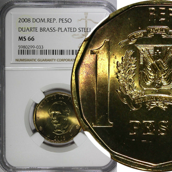 Dominican Republic 2008 1 Peso Magnetic NGC MS66 Juan Pablo Duarte KM# 80.2 (33)