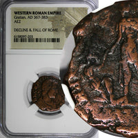 WESTERN ROMAN EMPIRE Gratian 367-383  AE2 Rev-Emperor dragging captive NGC (203)