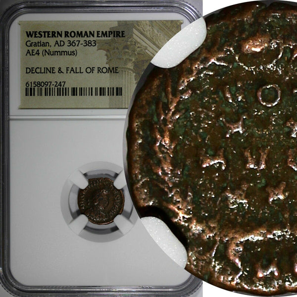 WESTERN ROMAN  Gratian 367-383 Nummus AE4 Rev-VOT laurel wreath NGC (247)