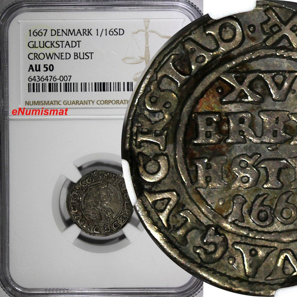 Denmark GLÜCKSTADT Silver 1667 1/16 Speciedaler NGC AU50 TOP GRADED KM# 54.1 (7)