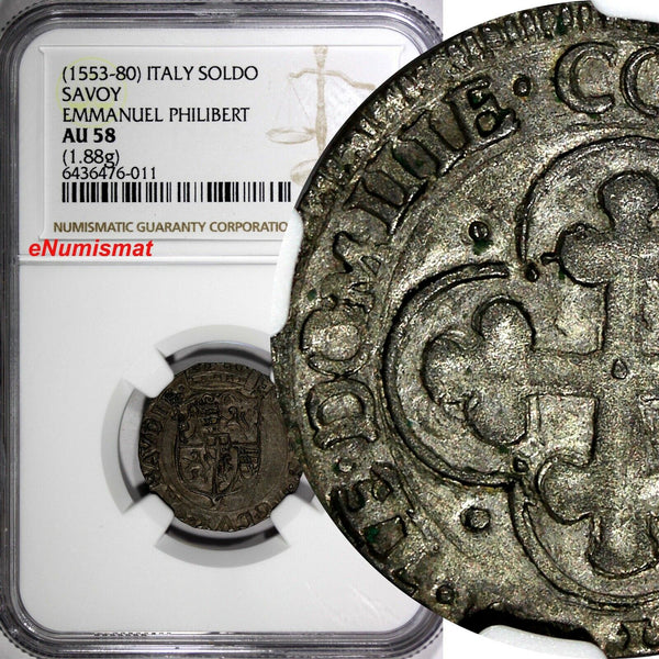 ITALY.SAVOY. Emanuele Filiberto as Duke 1553-1580. Billon Soldo NGC AU58 Toned