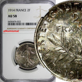 France Silver 1914 2 Francs NGC AU58 NICE TONED KM# 845.1 (022)