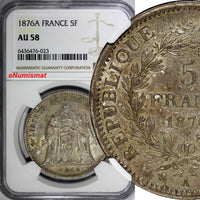 France Silver 1876 A 5 Francs NGC AU58 Hercules Paris Mint KM# 820.1 (023)