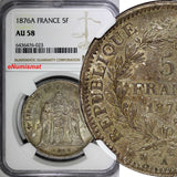 France Silver 1876 A 5 Francs NGC AU58 Hercules Paris Mint KM# 820.1 (023)