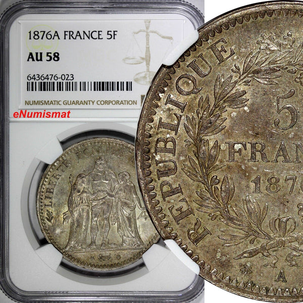 France Silver 1876 A 5 Francs NGC AU58 Hercules Paris Mint KM# 820.1 (023)
