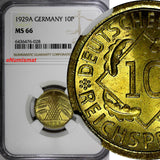 Germany - Weimar Republic 1929 A 10 Reichspfennig NGC MS66  GEM BU KM# 40 (28)