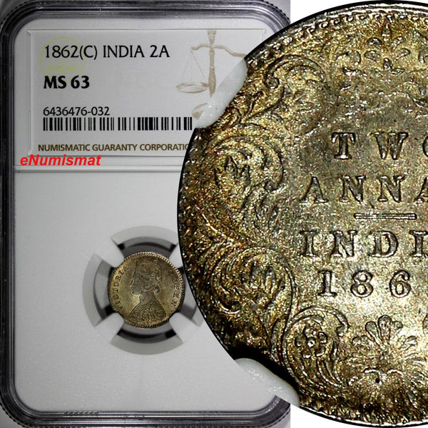 India-British Victoria Silver 1862 (C) 2 Annas Calcutta NGC MS63 KM# 469 (032)