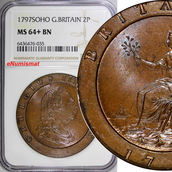 Great Britain SOHO George III 1797 2 Pence 41 mm NGC MS64+ BN RARE KM# 619 (35)