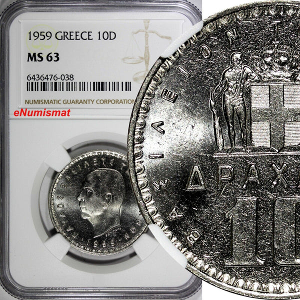Greece Paul I 1959 10 Drachmai NGC MS63 30 mm Paris Mint KM# 84 (038)