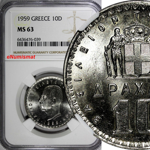 Greece Paul I 1959 10 Drachmai NGC MS63 30 mm Paris Mint KM# 84 (039)