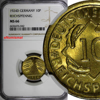 Germany - Weimar Republic 1924 D 10 Reichspfennig NGC MS66 TOP GRADED KM# 40 (2)
