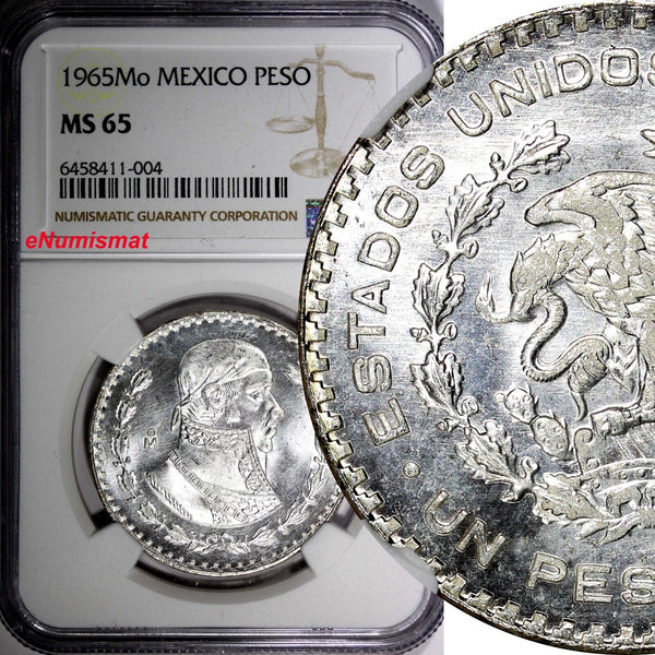 MEXICO Jose Morelos Silver 1965 Mo 1 Peso NGC MS65 KM# 459 (004)