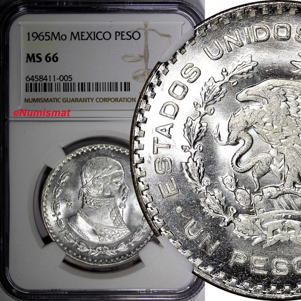 MEXICO Jose Morelos Silver 1965 Mo 1 Peso NGC MS65 KM# 459 (005)