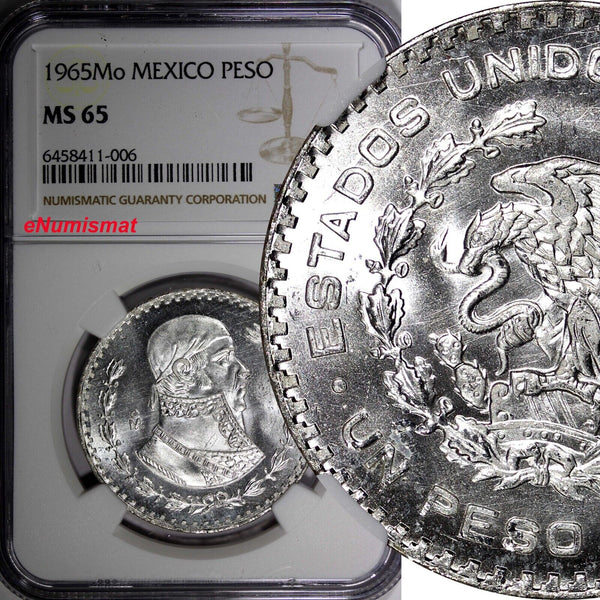 MEXICO Jose Morelos Silver 1965 Mo 1 Peso NGC MS65 KM# 459 (006)