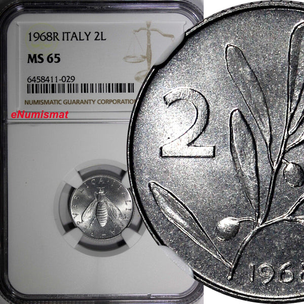 Italy 1968 R 2 Lire NGC MS65 Mintage-100,000 SCARCE DATE TOP GRADED KM# 94 (029)