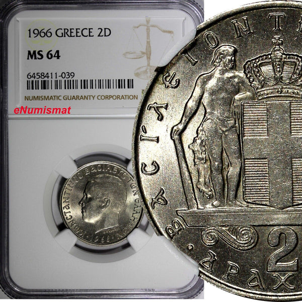 GREECE Constantine II Copper-Nickel 1966 2 Drachmai NGC MS64 KM# 90 (039)