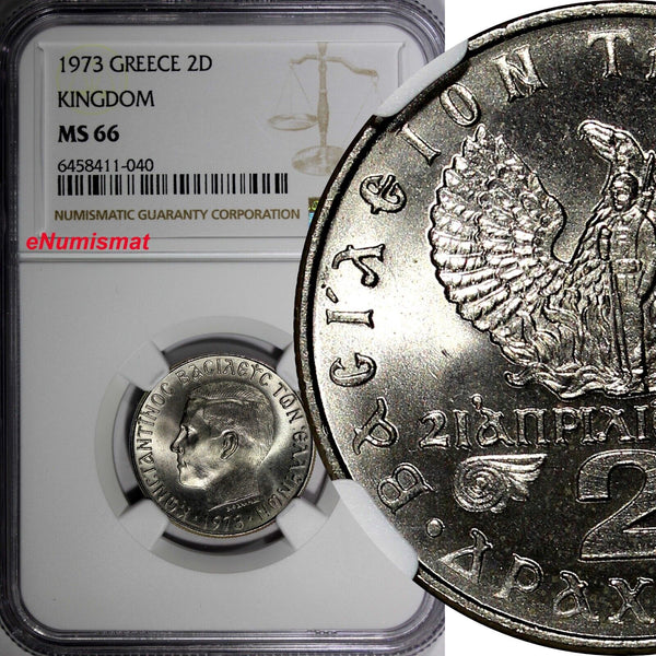 Greece Constantine II Copper-Nickel 1973 2 Drachmai NGC MS66 GEM BU KM# 99 (040)