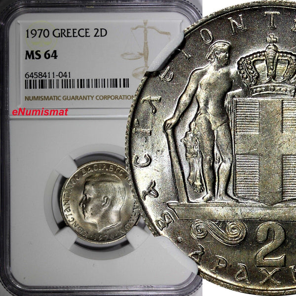 GREECE Constantine II Copper-Nickel 1970 2 Drachmai NGC MS64 KM# 90 (041)