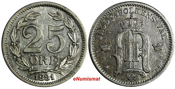 SWEDEN Oscar II Silver 1881 EB 25 Ore Large Letters KM# 739 (15 186)