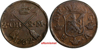 SWEDEN Adolf Frederick Copper 1762 S.M. 2 Ore SCARCE KM# 461(15 235)