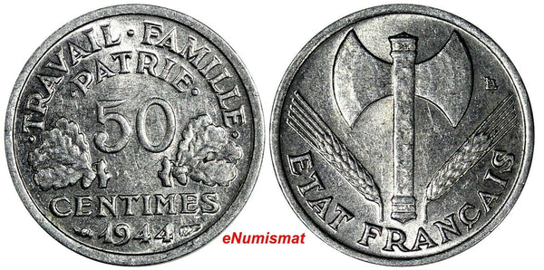 France  Aluminum 1944 50 Centimes WWII Issue BETTER DATE BU KM# 914.1