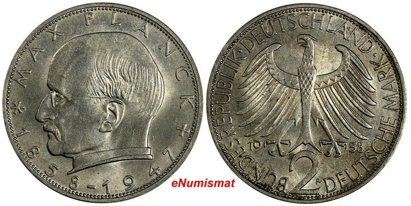 Germany - Federal Republic 1958 F 2 Mark Max Planck UNC Toning KM# 116(15 339)