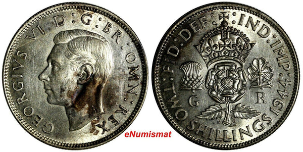 GREAT BRITAIN George VI Silver 1944 Florin / 2 Shilling WWII Issue UNC KM# 855