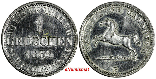 Germany HANNOVER Georg V Silver 1866 B 1 Groschen Low Mintage-76,290 KM236 (423)