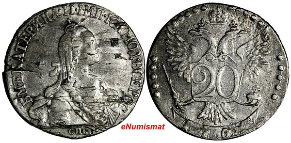 RUSSIA CATHERINE II Silver 1767 SPB 20 KOPECKS Mintage-245,000 SCARCE C# 63a.2