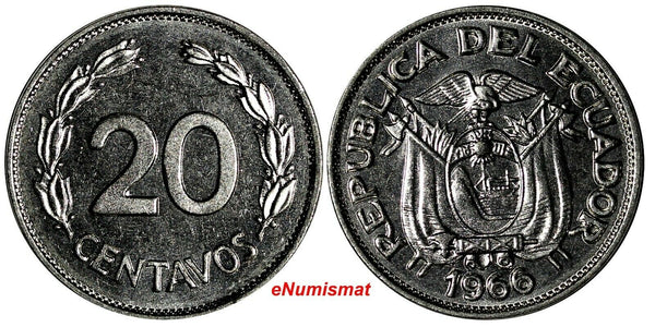 Ecuador Nickel Clad Steel 1966 20 Centavos KM# 77.1c (15440)