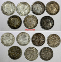 Great Britain LOT OF 7 SILVER COINS 1902-1907 3 Pence KM# 797.1;KM# 797.2