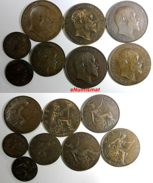 Great Britain LOT OF 8 COINS 1902-1908 1 Penny,1/2 Penny,6 Pence