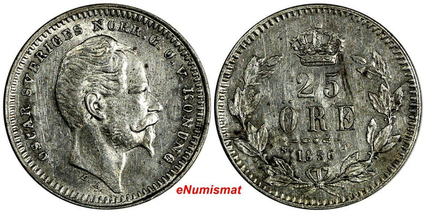 SWEDEN Oscar I Silver 1856 S.T. 25 Ore KM# 684