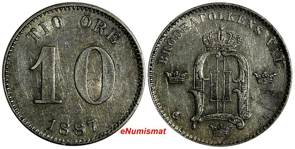 SWEDEN Oscar II Silver 1887 EB 10 Ore  XF Condition KM# 755