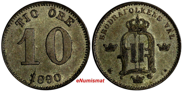 SWEDEN Oscar II Silver 1890 EB 10 Ore Mintage-922,000 XF Condition KM# 755 (584)