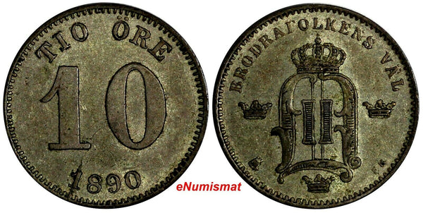 SWEDEN Oscar II Silver 1890 EB 10 Ore Mintage-922,000 XF Condition KM# 755