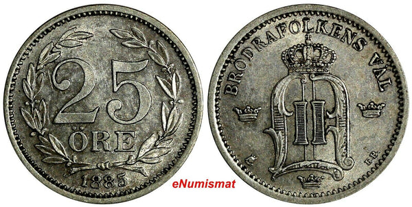 SWEDEN Oscar II Silver 1885 EB 25 Ore XF/aUNC SCARCE KM# 739