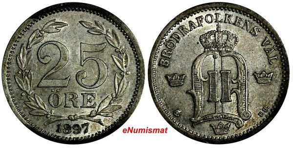 SWEDEN Oscar II Silver 1897 EB 25 Ore aUNC Toned KM# 739 (15 592)