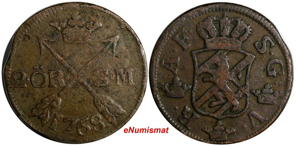 Sweden Adolf Frederick Copper 1768 2 Ore, S.M.Low Mintage-168,000 KM# 461(15604)