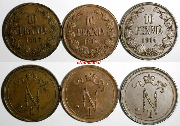 Finland Nicholas II Copper LOT OF 3 Coins 1907-1916 10 Pennia KM# 14